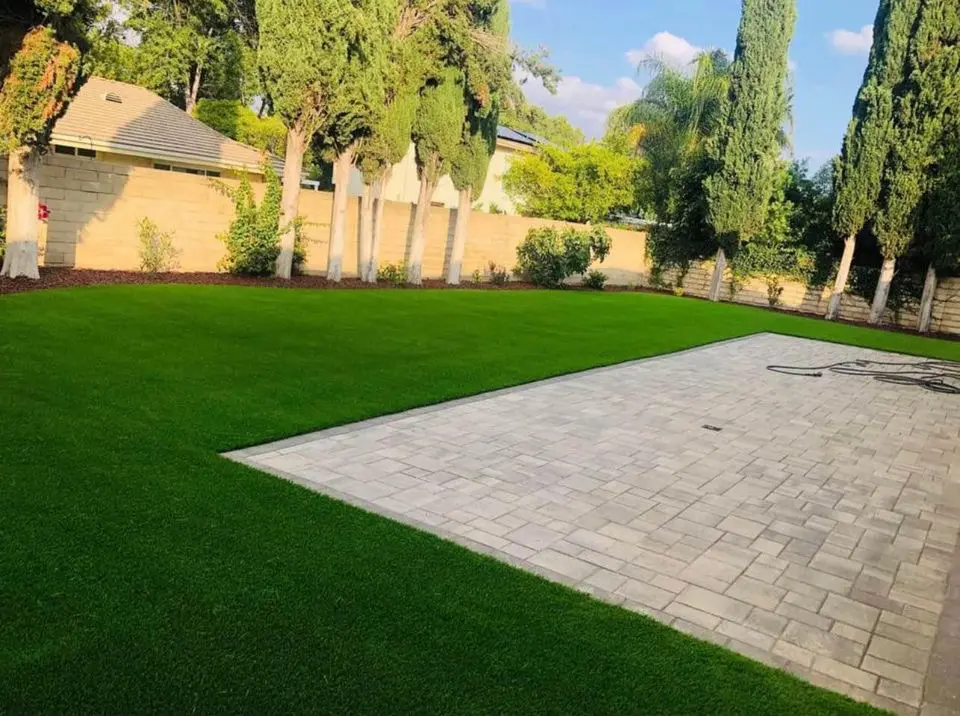 A backyard in Sun City AZ features a lush green lawn, enhanced by synthetic turf solutions, alongside a paved patio area. Tall trees and a stone wall line the perimeter. A garden hose coils on the patio, with shadows cast by these majestic trees.