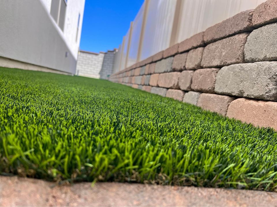 A close-up view of a manicured green lawn runs beside a white building with a high, brick retaining wall on the right, featuring pet-friendly artificial turf. The scene showcases a clear, bright blue sky above, reminiscent of the sunny days in Surprise AZ.