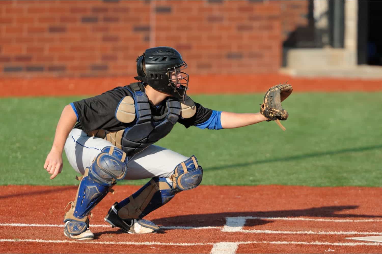 Catcher in full gear crouches behind home plate on a baseball field with artificial turf, wearing a black helmet, chest protector, and shin guards. They extend their glove to catch a pitch, with a grassy outfield and brick wall in the background.